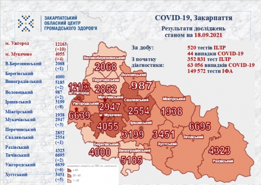 COVID-19 на Закарпатті: за добу виявили 44 нові випадки